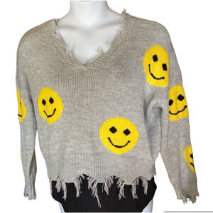 Happy Distressed Sweater No Comment Womens size Medium Cute Smile Relaxed